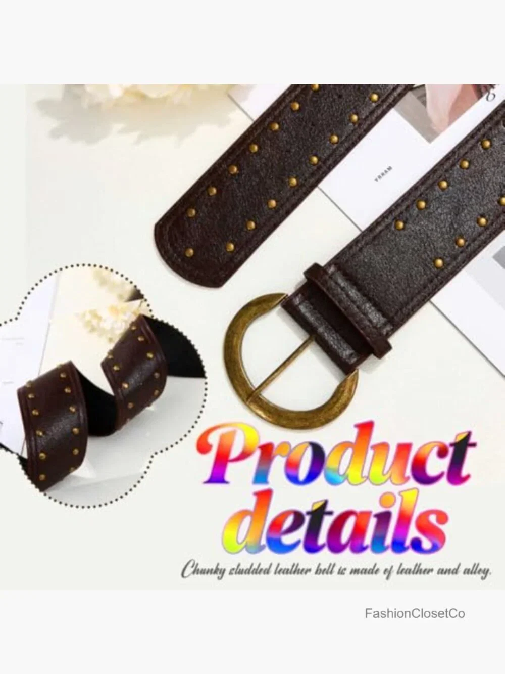 Wide Studded Chunky Leather Belt with Metal Buckle for Women